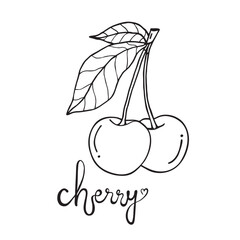 Сherries sketch. Beautiful cartoon black and white outline. Doodle. Hand drawn fruit illustration for greeting cards, posters, recipe, culinary design. Isolated on white background. 