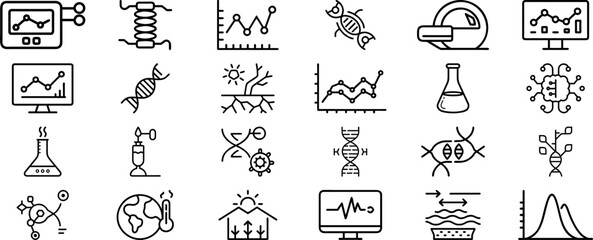 Genetics, Data Science, and Environmental Research Line Icons. DNA, AI, Climate, and Lab Tools Set