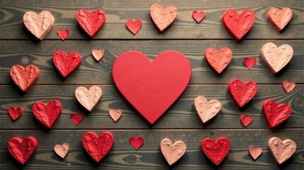 A Collection of Red and Peach Hearts Arranged on a Rustic Wooden Surface, Celebrating Love and Affection