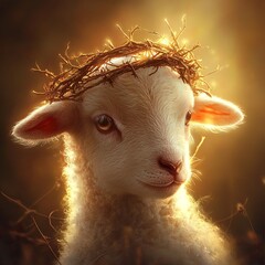 A cute lamb wearing a crown of thorns, symbolizing Jesus Christ in a tender and meaningful representation of sacrifice and purity.

