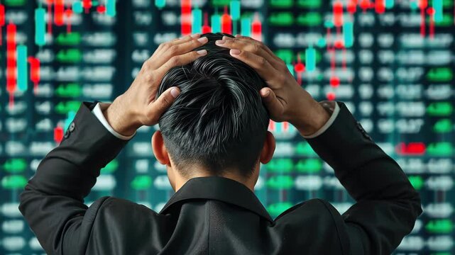 Stock Market Downturn: A worried individual, facing financial uncertainty, reacts with distress to a fluctuating stock market. Captured from behind.