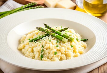 A plate of risotto with asparagus on a table.