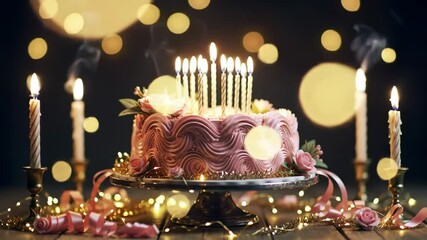 Celebrate a joyous birthday with a delightful pink cake adorned with candles and flowers in a festive atmosphere