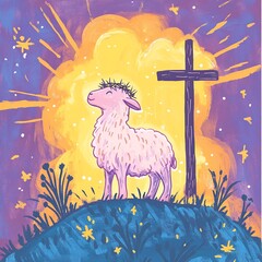 A cute lamb wearing a crown of thorns, symbolizing Jesus Christ in a tender and meaningful representation of sacrifice and purity.

