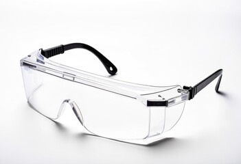 A pair of safety glasses on a white surface.