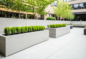 A modern garden with concrete benches and plants.