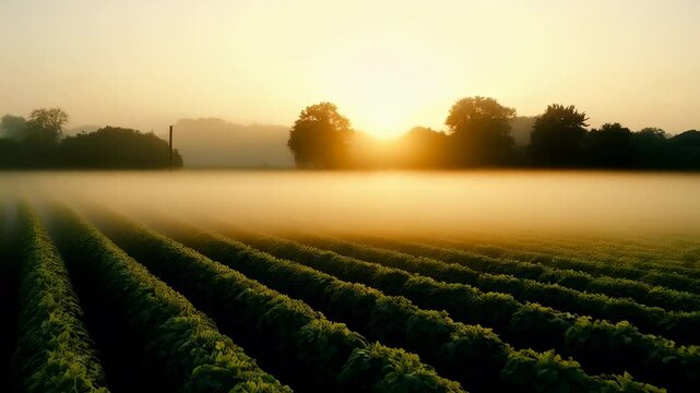 Misty hop field at sunrise. Rows of green hops plants with a golden glow. Agriculture industry. Farm landscape. Growing hops. Beer making.