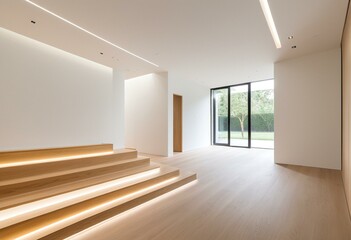 Obraz premium A living room with wooden floors and white walls.
