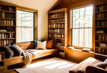 A living room with a window seat and bookshelves.