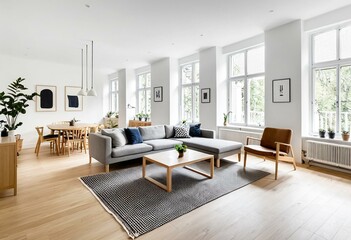 A living room filled with furniture and a dining table.