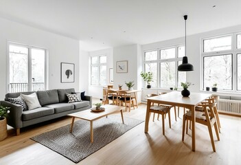 Fototapeta premium A living room filled with furniture and a dining table.
