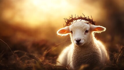 A cute lamb wearing a crown of thorns, symbolizing Jesus Christ in a tender and meaningful representation of sacrifice and purity.

