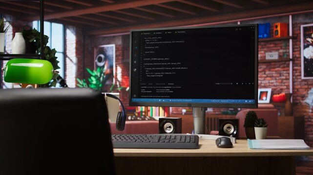Programming language code editor software UI on computer display in home workspace, jib down shot. Lines of code displayed on PC monitor used to power digital software apps