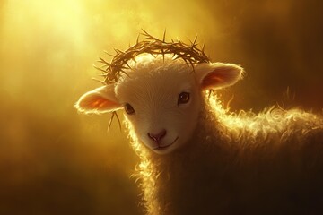 A cute lamb wearing a crown of thorns, symbolizing Jesus Christ in a tender and meaningful representation of sacrifice and purity.

