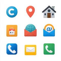 Nine colorful contact icons set isolated on white background