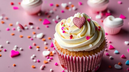 Valentine's Cupcake Delight: A delectable cupcake, adorned with swirls of creamy frosting and a charming heart-shaped candy, sits amidst a scattering of colorful sprinkles and mini cupcakes. - Powered by Adobe
