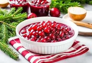 A bowl of cranberry sauce on a red and white striped napkin.