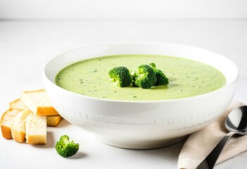 A bowl of broccoli soup with croutons on top.