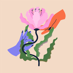 Hands holding summer quirkly flower. Floral decorative design element isolated on background. Vector illustration for card, womens day, invitation, cover.