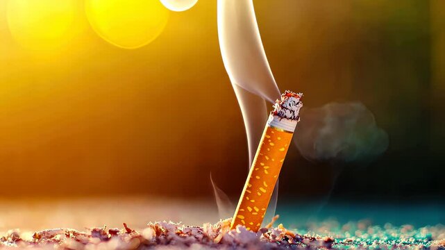 Extinguished Cigarette: A close-up shot of a burning cigarette with smoke rising, set against a warm sunset backdrop.