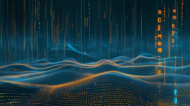 Abstract digital terrain with flowing data streams, dynamic particle waves in deep blue and orange tones representing technological information landscape.
