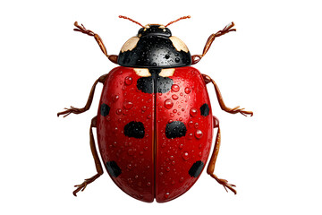 A vibrant red insect with black spots and dew drops perfect for nature education and design