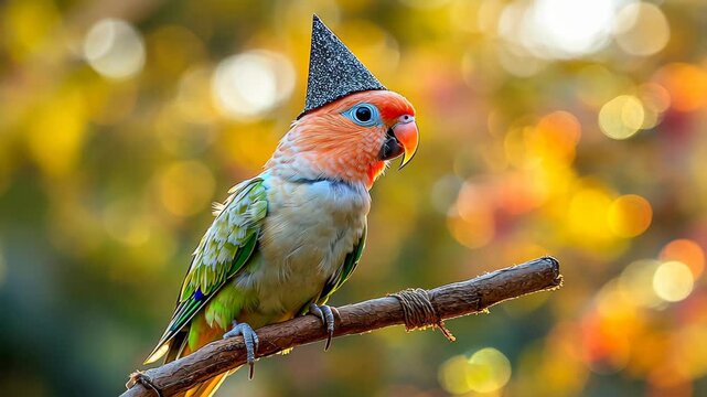 Party Parrot: A playful and colorful parrot perches on a branch wearing a miniature party hat, set against a vibrant blurred background.
