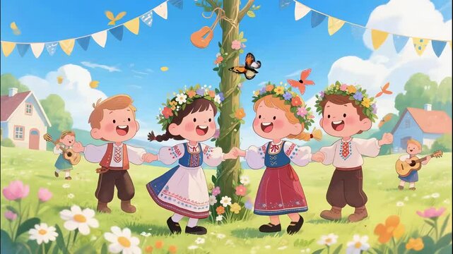 Cute Chibi Illustration of Scandinavian Midsummer Celebration with Flower Crowns and Dancing Children
