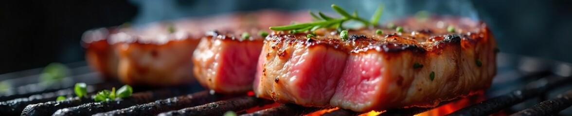 Close-up of a sizzling, juicy beef steak on a hot grill, with smoke rising  Perfectly seared, displaying a delicious crust and reddish-pink interior ,  protein,  fire