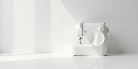 A pristine white sewing machine sits on a minimalist surface, bathed in soft, natural light, creating a serene and calming atmosphere ideal for crafting and design projects.