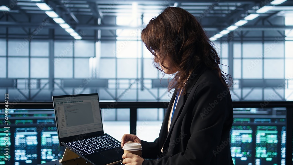 Poster admin in data center using laptop to update storage arrays, configuring network virtualization. woma