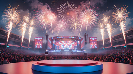 A modern podium with a red, white, and blue color scheme, set against a backdrop of a large concert crowd with fireworks, ample copy space in the sky and around the podium