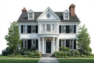 Fototapeta premium Elegant TwoStory Home with White Facade Black Shutters and Lush Gardens Ideal for Real Est