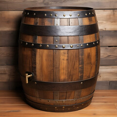 Fototapeta premium 70 wooden barrel, rustic, oak, metal bands, cylindrical, vintage, weathered, wine cask, beer keg, aged wood, old-fashioned, traditional craftsmanship, rich brown tones, detailed texture, realistic ren