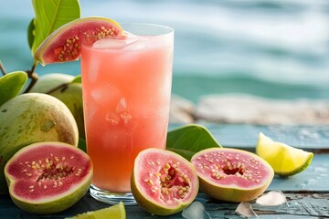Close-up of a trendy ripe guava fruit on the tree