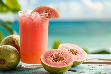 Close-up of a trendy ripe guava fruit on the tree