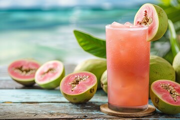 Close-up of a trendy ripe guava fruit on the tree