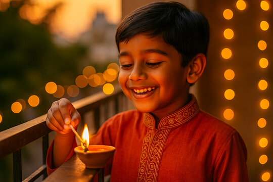 Smiling Indian boy lighting Diya lamp for Diwali celebration
