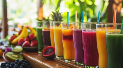 Fototapeta premium Vibrant Fresh Juices and Smoothies at a Juice Bar