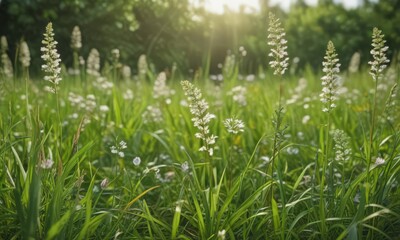 Obraz premium Close-up of lush June grass, delicate blossoms , spring, vegetation