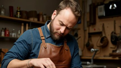 Caucasian shoemaker meticulously repairs leather boot in workshop, embracing artisanal tradition and craft. Skillful restoration.