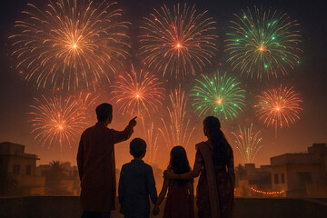 Indian family watching Diwali fireworks from rooftop at night