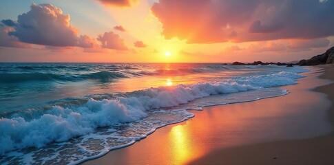 Sunrise over a tranquil ocean, waves gently lapping the shore, a peaceful and serene coastal scene  Perfect for travel, nature, or relaxation themes ,  atmosphere,  air