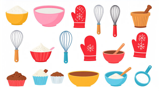 Colorful illustration of baking ingredients and tools including flour, milk, bowls, whisks, oven mitts, wooden spoons, and baked muffins