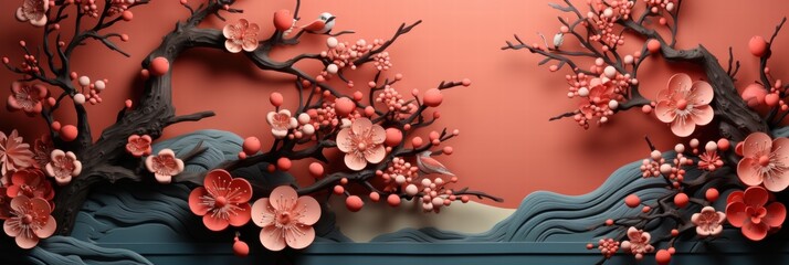 梅の花と波の抽象的な背景、立体的なデザイン