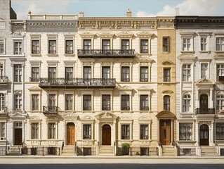 Fototapeta premium Elegant Cream-Colored Townhouse Row Offering Symmetrical Ultimate Curb Appeal for Prospective Urban Home Buyers Today