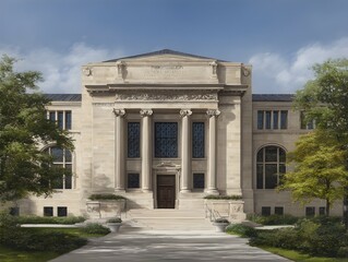 Fototapeta premium Grand Taupe Library Entrance Framed by Elegant Columns Inviting Visitors into a Majestic Literary Sanctuary