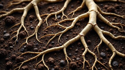 Fototapeta premium Detailed Close-up of a Plant's Extensive Root System Embedded Deep Within Rich, Dark Soil