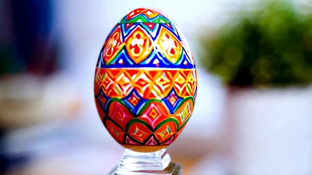 Close-up of an intricately hand-painted Easter egg with colorful folk patterns on a decorative pedestal in soft light.
