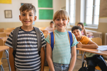 Portrait of school girl and boy classmates stand in the classroom